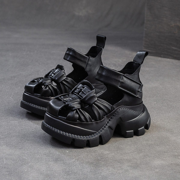 Dép Sandal Nữ Da Bò Mũi Hở Đế Cao 5cm - 6cm Quai Dệt Màu Đen, Xám, Nâu, Xanh...