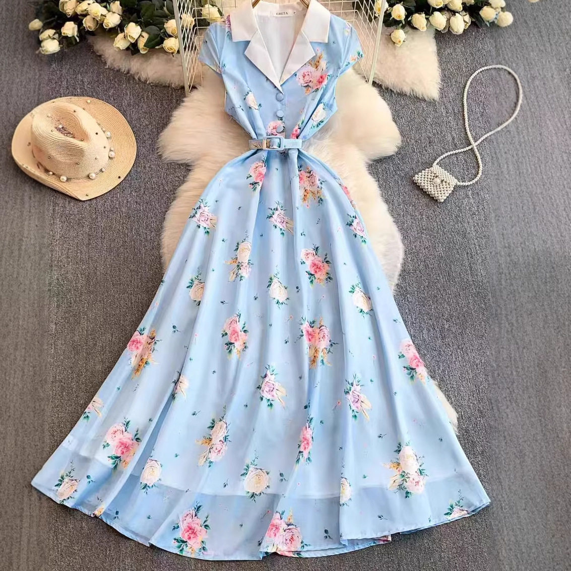 Vintage Floral Sleeveless Dress V Neck Waist Defined A Line Flowy Skirt Summer Vacation Style Wholesale Available