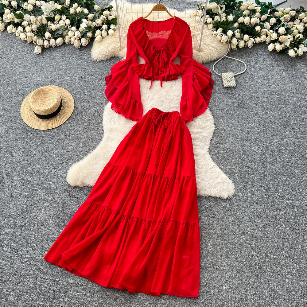 French Vacation Style Red Ruffled Flare Sleeve V Neck Blouse with High Waist Skirt Set Elegant Autumn Outfit for Women