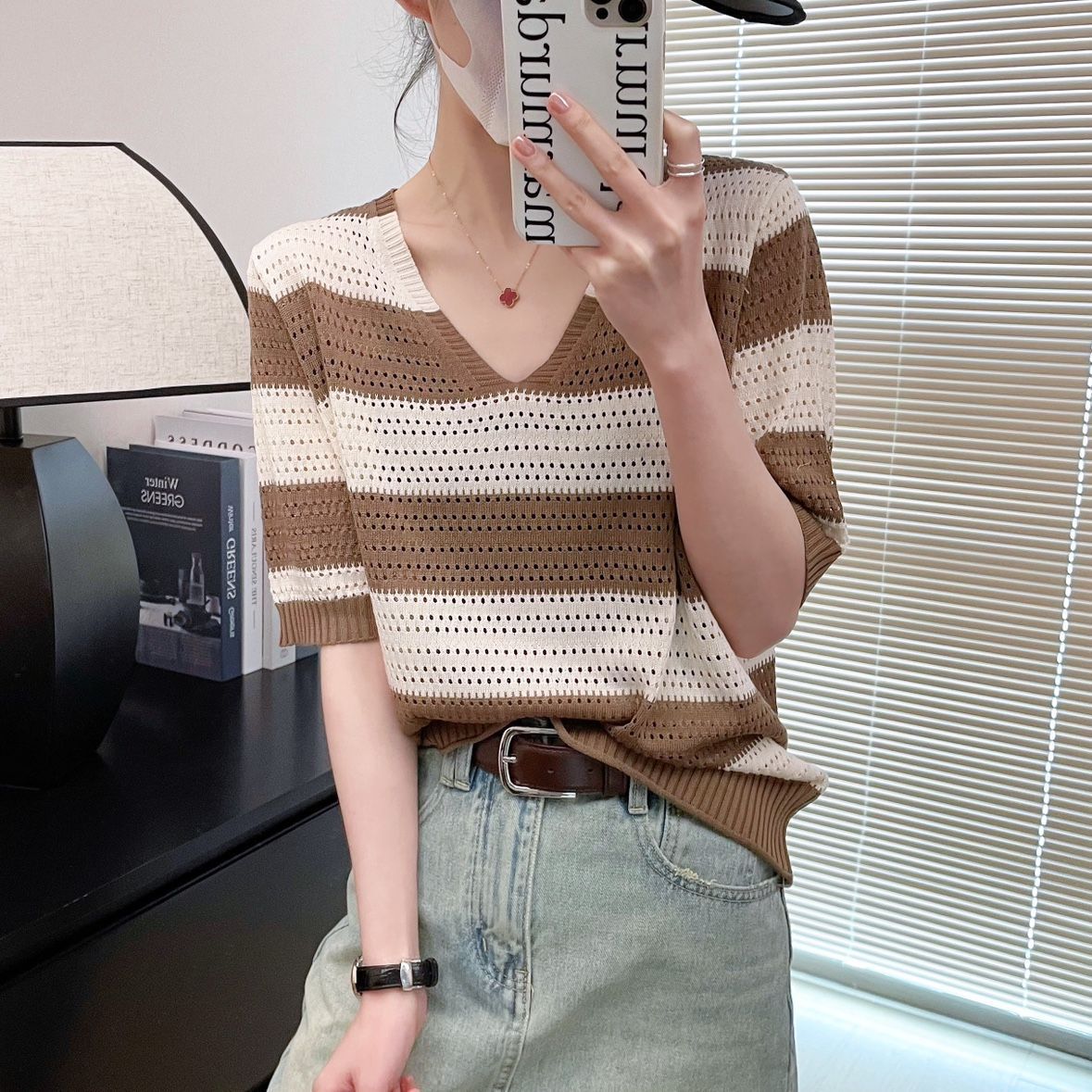 Lace Stripe V Neck T Shirt Ice Silk Short Sleeve Loose Fit Lightweight Summer Casual Wear Wholesale Available