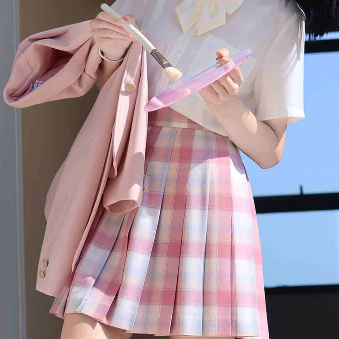 Gq9125チェックスカート + 白い先襟半袖 + 蝶ネクタイ