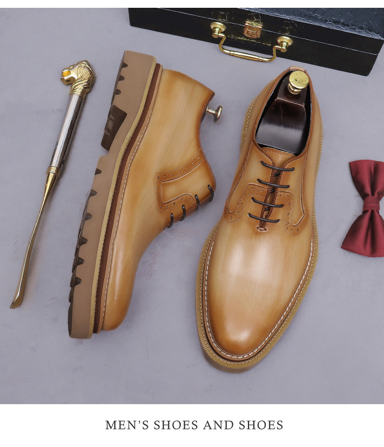 Giày Oxford nam da bò đế dày chạm khắc brogue mũi tròn — màu đen, Màu be