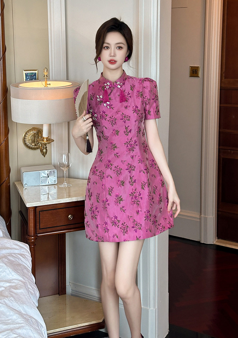 Đầm sơ mi Trung Hoa dáng suông midi in hoa tay ngắn — [Hồng dâu tây] chi tiết 6