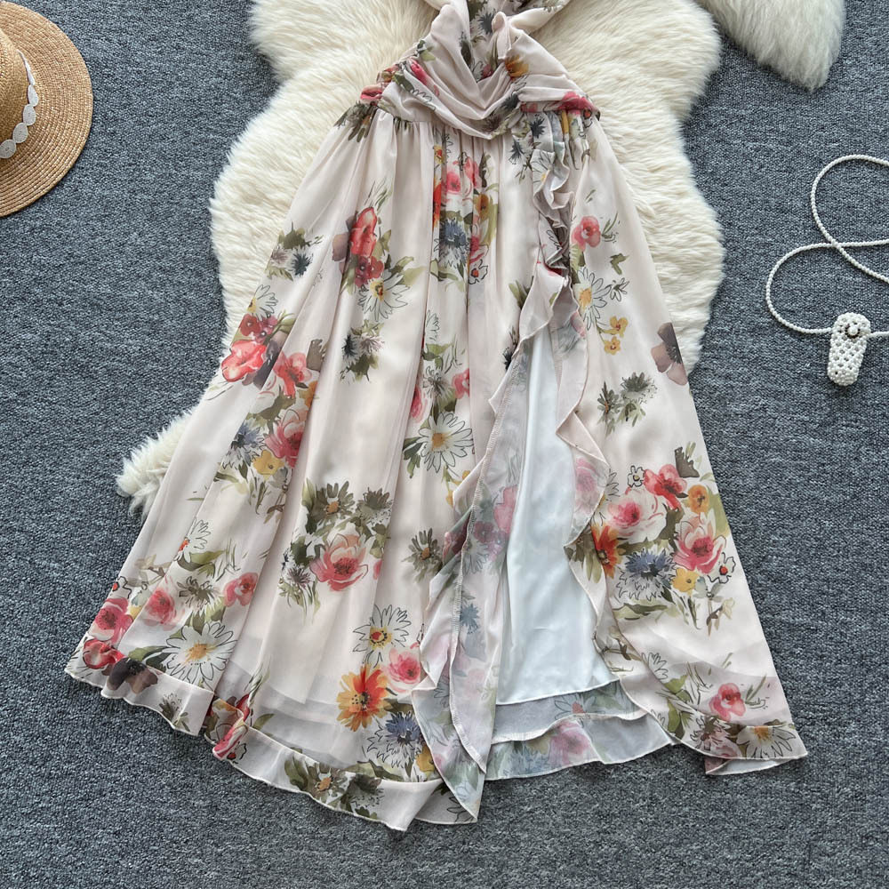 Floral Print Asymmetrical Neckline Dress 3D Flower Design Waist Defining Elegant Split Hem Perfect for Summer Events