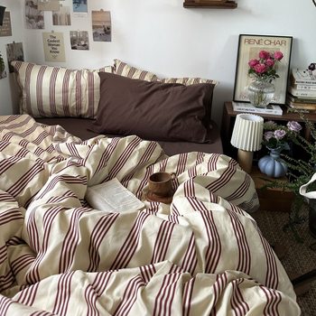 American Style Retro Simple Striped Cotton Bed Four-piece Set 100 Cotton Bed Sheet Bed Cover Dormitory Three-piece Set 4