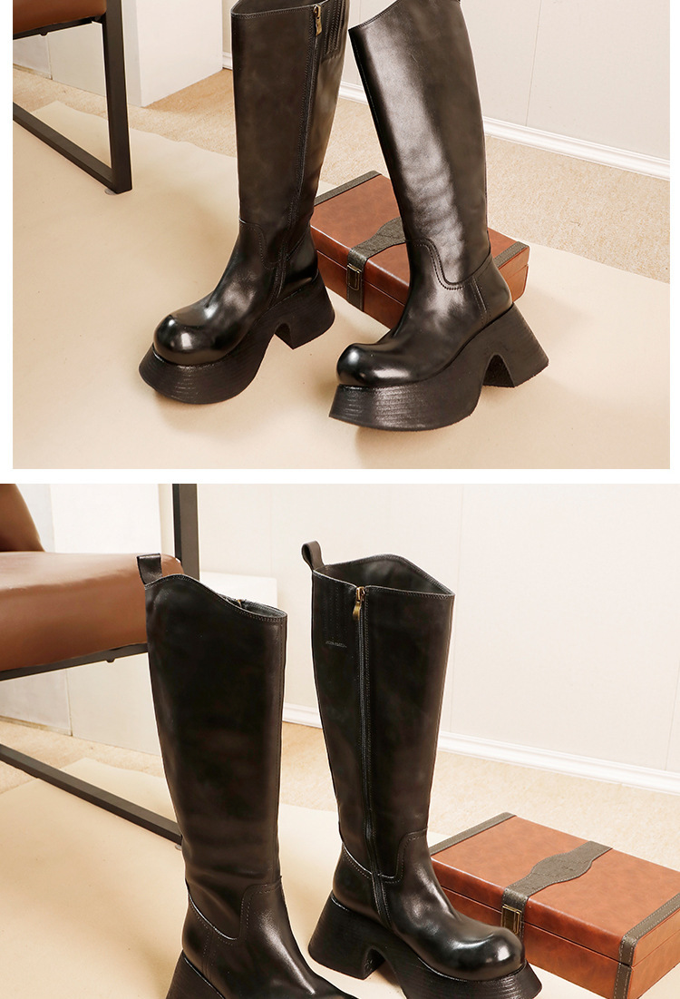 Boot nữ cổ cao da bò thật gót dốc khóa kéo bên — Màu đen