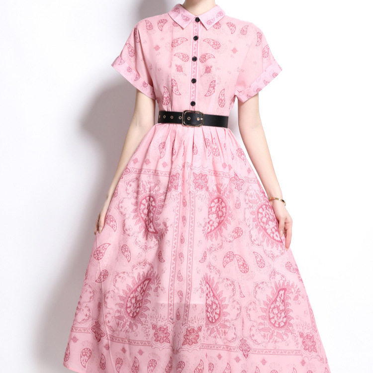 Womens Summer Shirt Dress Lapel Collar Belted Slim Fit Short Sleeve Floral Print Vintage Style for Casual