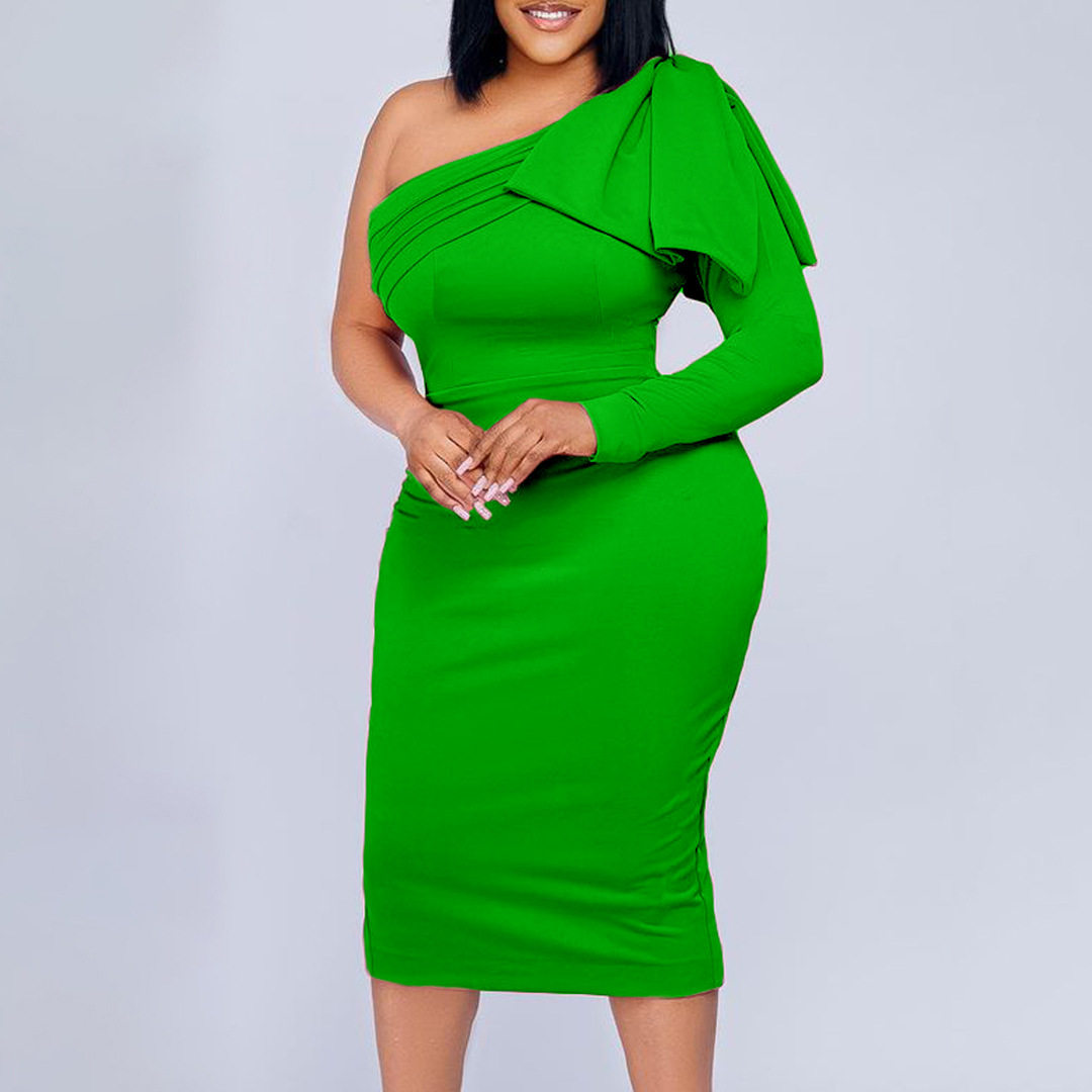 Plus Size Womens Dress Asymmetrical Neckline Solid Color Fashionable Bodycon Style Perfect for Parties or Events