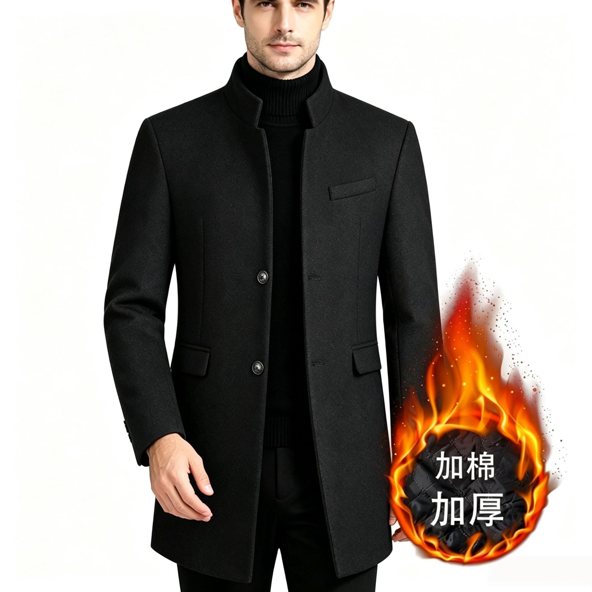 Mens Wool Blend Overcoat Thickened Mid Length Warm Stylish Autumn Winter Outerwear Wholesale Available