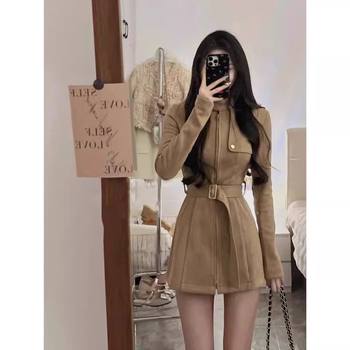 Waist-Cinching Suit for Women, Suede Two-Piece Spring and Winter Jacket, Stand-Up Collar, Slim Skirt, Hot Girl Slimming Shorts