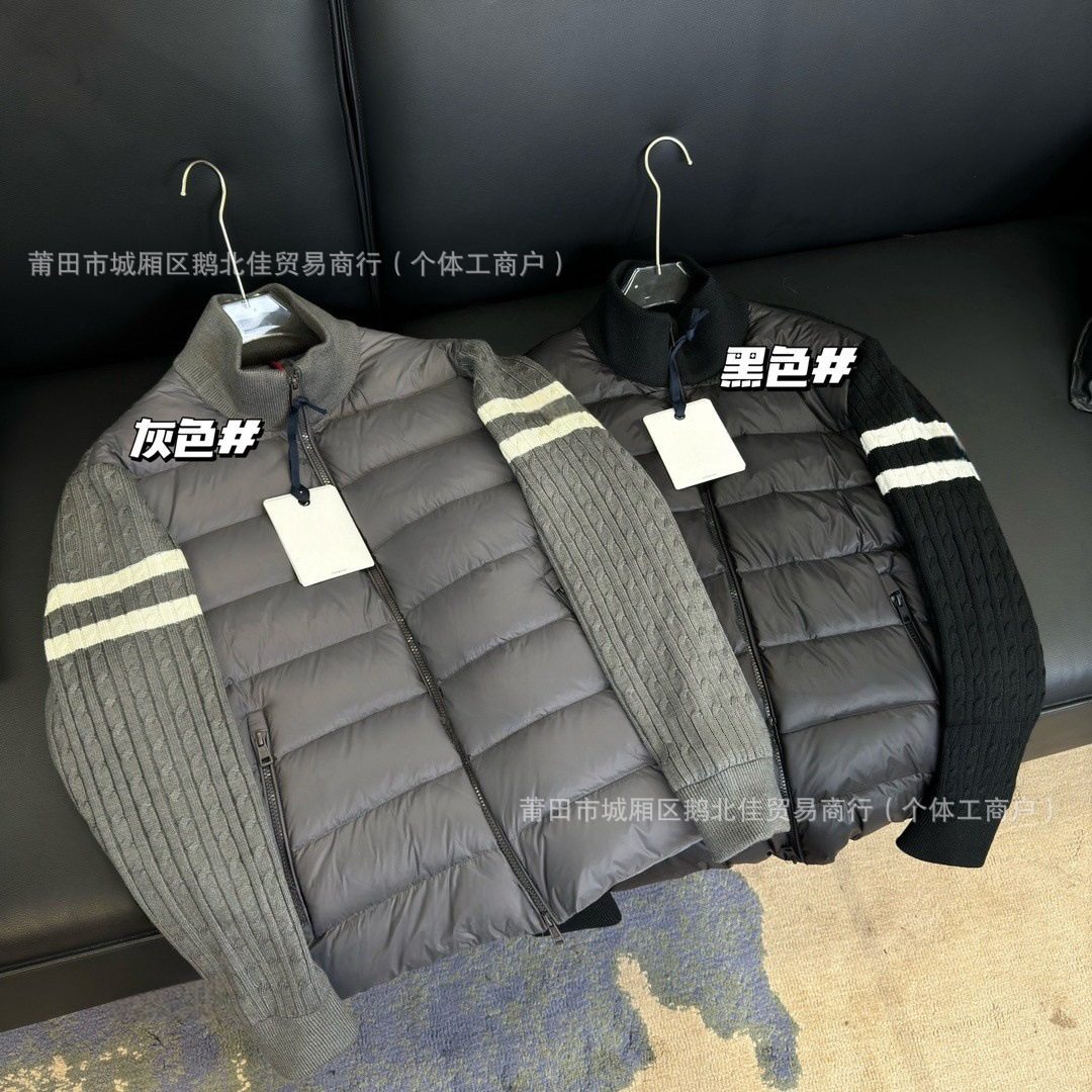 Padded Corduroy down Jacket with Knitted Sleeves for Men and Women, Stand Collar, Zipper, Striped Wool Splicing Jacket