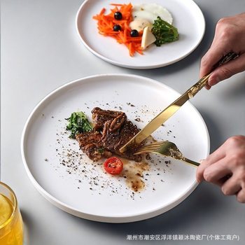 Ceramic Restaurant Pasta Plate, Household Dish Plate, Western-Style Breakfast Plate, Commercial Nordic Flat Plate, Dinner Plate, Light Luxury Style Baking Tray