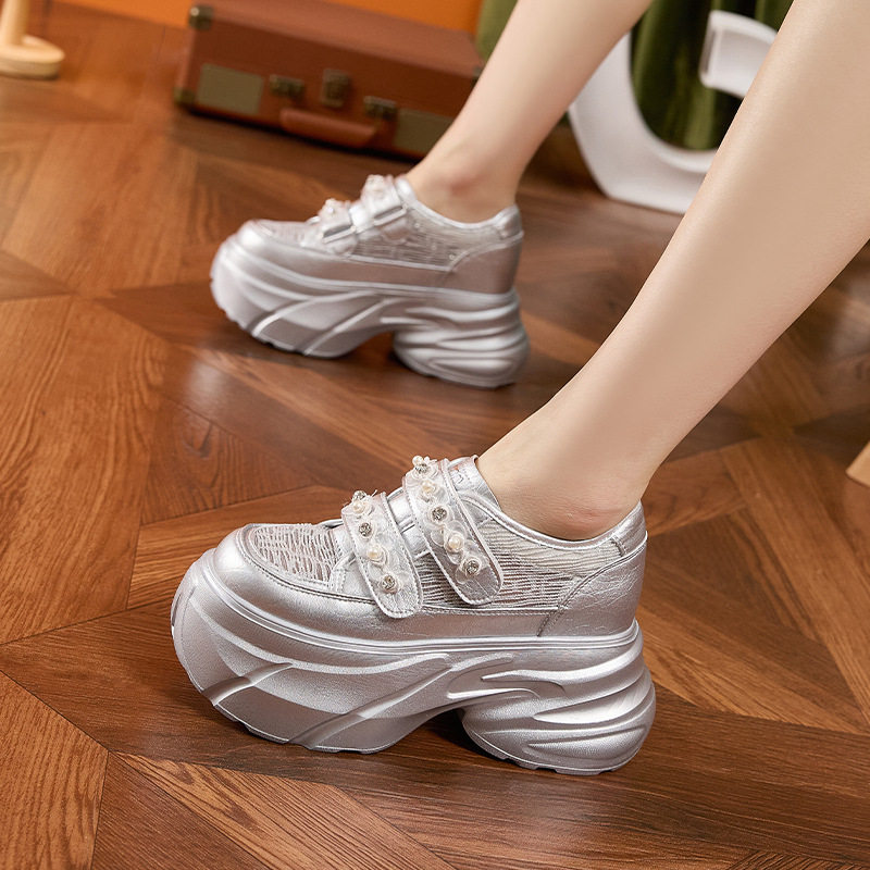 Giày sneaker nữ chunky đế dày màu trắng, form mũi tròn, phong cách thể thao casual — Bạc, Trắng