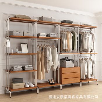 Open Wardrobe Wrought Iron Loft Metal Cloakroom Rack Walk-in Hanger Floor Bedroom Wardrobe Solid Wood