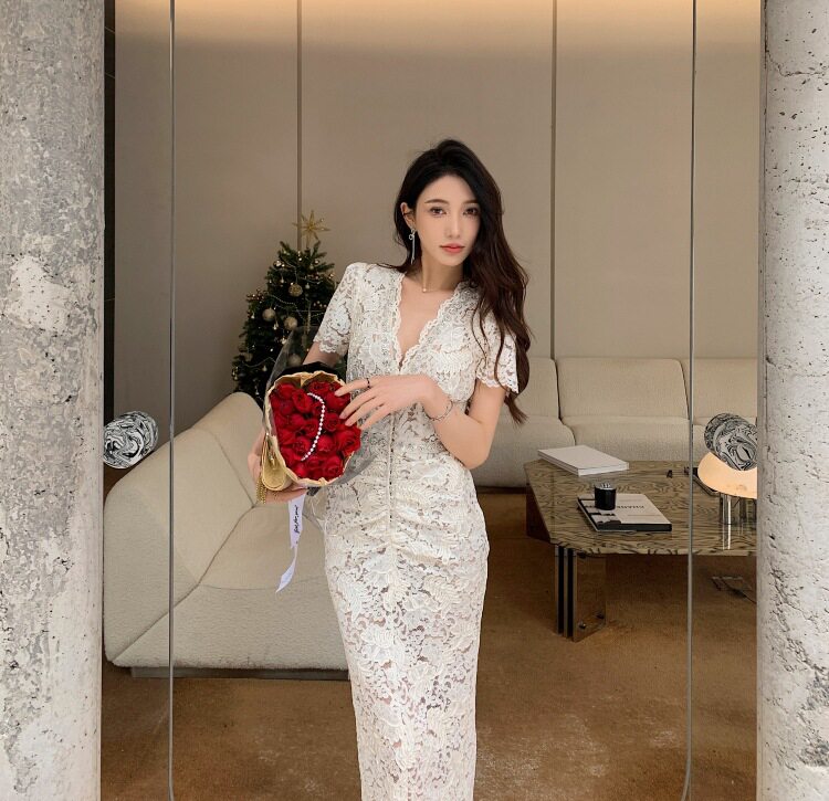 Đầm maxi ren V cổ tay loe thắt eo phong cách Pháp — Trắng chi tiết 5