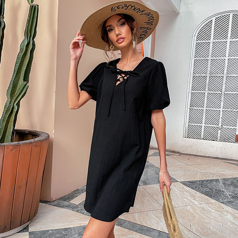 Summer Casual Loose Black Cotton Linen Dress Simple Retro Style Perfect for Everyday Wear Wholesale Available