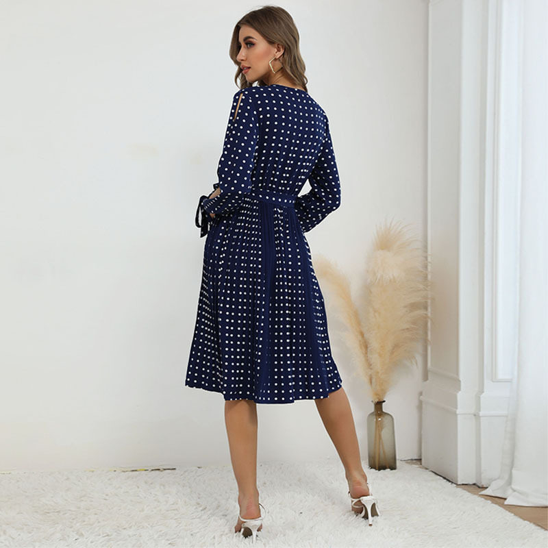 Lace Long Sleeve Blue Polka Dot Dress Elegant Design Comfortable Fit Autumn Winter Style Wholesale Available