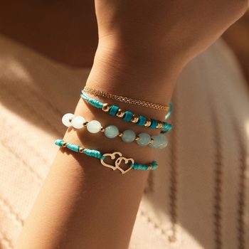 Cross-border Foreign Trade New French Retro Bohemian Glass Beaded Alloy Double Heart Hand-woven Bracelet