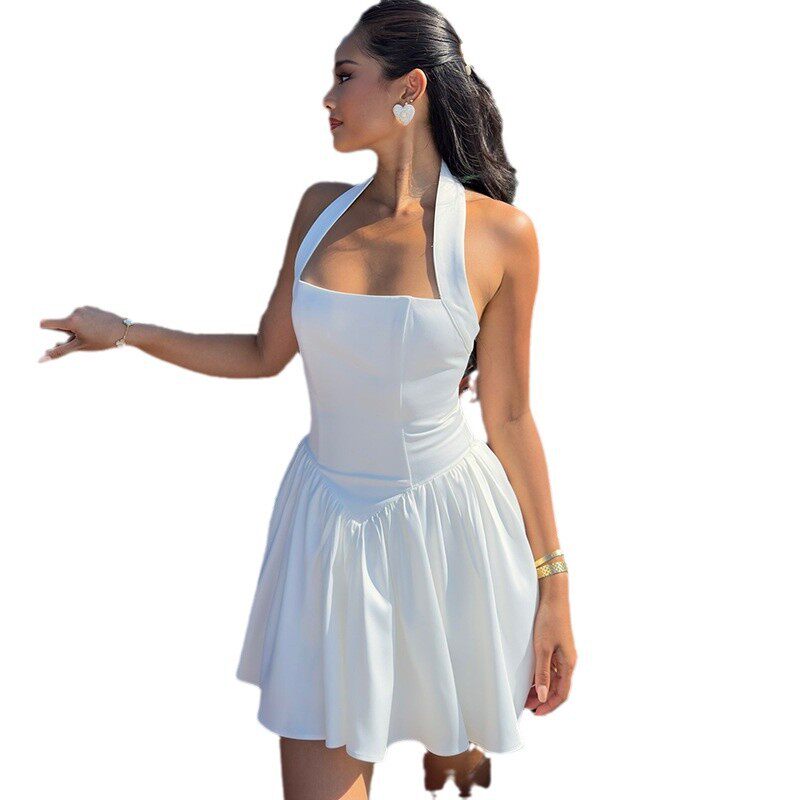 Fashionable Solid Color Backless A Line Dress Comfortable Sleeveless Spaghetti Strap Perfect for Parties and Summer