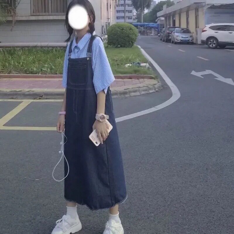 Denim Suspender Dress Loose Fit Mid Length Solid Color Spring and Autumn Casual Wear Wholesale Available