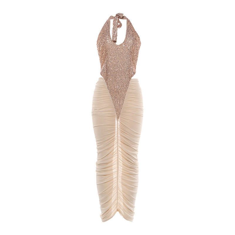 Fashionable Sequin Panelled Bodycon Dress Sheer Mesh Ruffled Design Elegant Style Perfect for Autumn and Winter