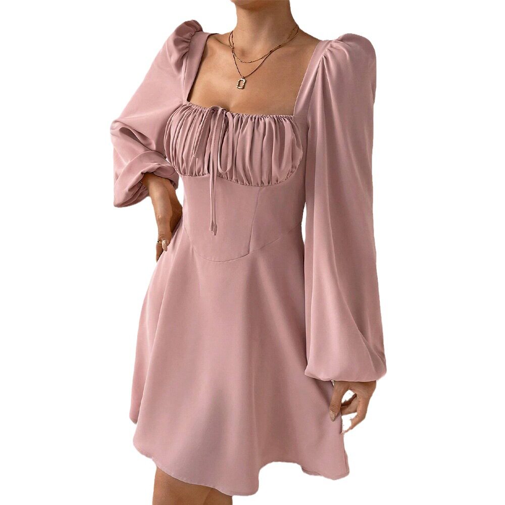 A Line Dress Waist Defined Puff Sleeves Square Neck Sweet Style for Autumn and Winter Wholesale Available