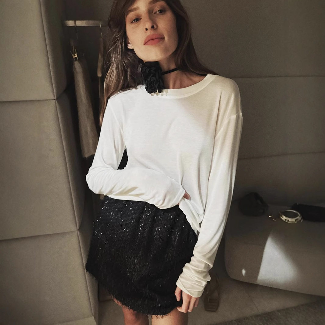 Womens Sheer Off Shoulder Long Sleeve T Shirt Soft and Sexy Lyocell Fabric Trendy Casual Wear Wholesale Available