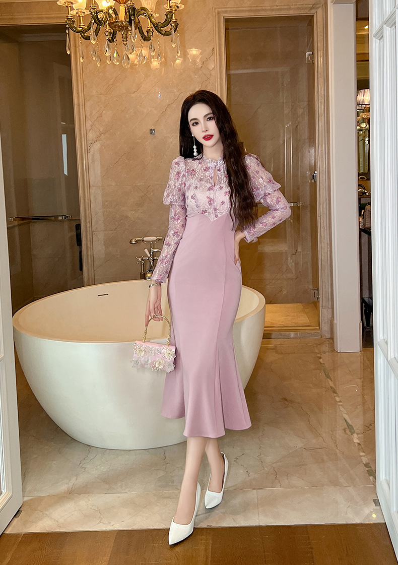 Đầm dài ôm body phối ren đuôi cá cổ đứng tay phồng — Màu tím hồng