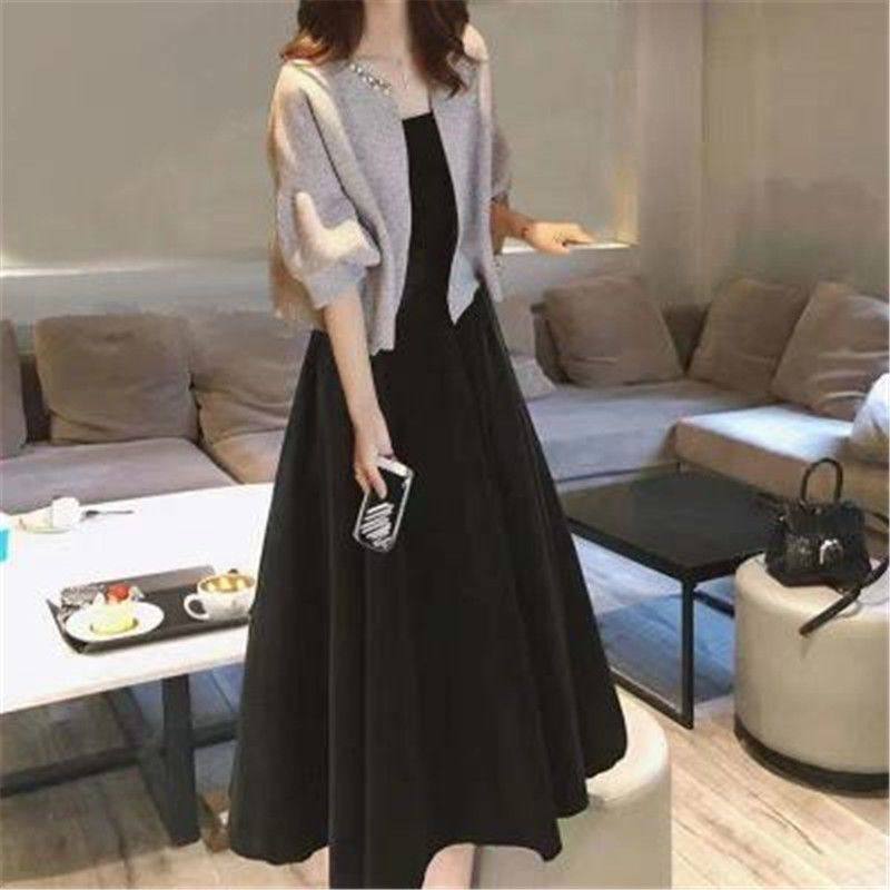 Long Dress Autumn plus size chubby girl Autumn new two-piece women's fat + mid-length knitted slimming dress fashion