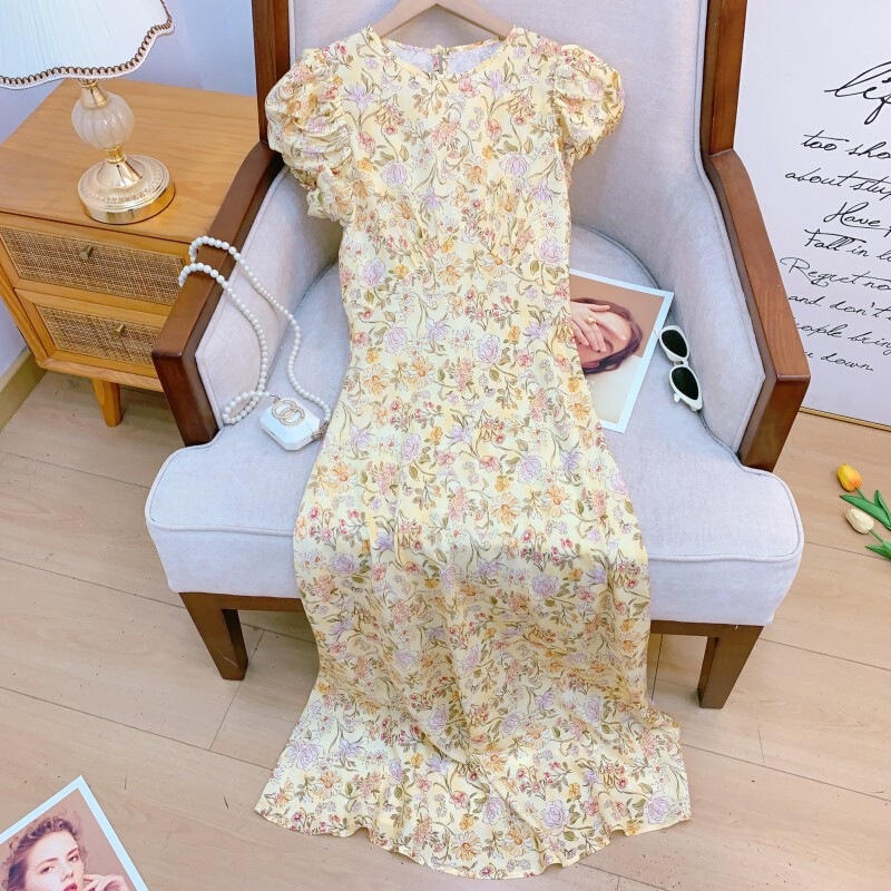 Đầm hoa nhí dáng dài cổ tròn tay bồng chiết eo phong cách thanh lịch — Váy liền màu đỏ, Váy liền màu vàng, Váy liền màu xanh dương