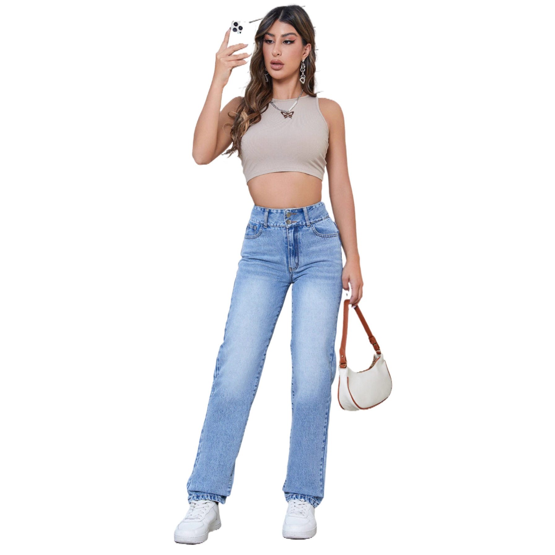 High Waisted Slim Fit Jeans Straight Leg Comfortable Stretch Fabric Flattering Design Casual Wear Ready to Ship