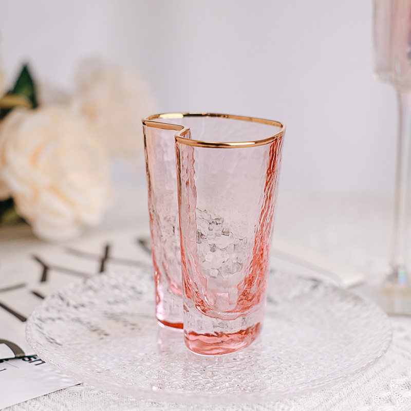 Trendy Hammered Heart Champagne Glasses Couple Style Colorful Gold-Trimmed Peach Heart Wine Glasses Cross-Border Popular Highball Glasses Wholesale