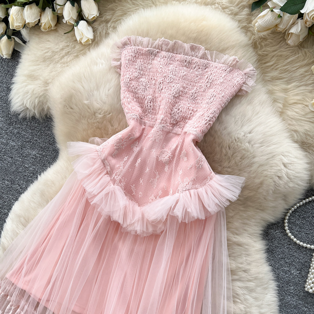 Lace Trimmed Strapless Maxi Dress High Waist Flared Skirt Sleeveless Elegant Design Summer Evening Wear OEM