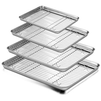 Amazon 304 stainless steel square tray multi-use oven tray flat bottom baking tray cooling rack suit grid baking distribution rack