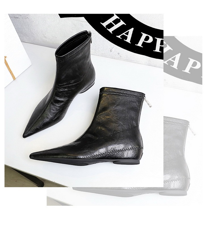 Boot nữ cổ thấp gót vừa khóa kéo sau, mũi nhọn tôn dáng, phong cách cổ điển dễ phối đồ — Lớp lót đơn màu đen, Lớp lót đơn màu nâu sẫm, Lớp lót nhung đen, Nhung màu nâu sẫm