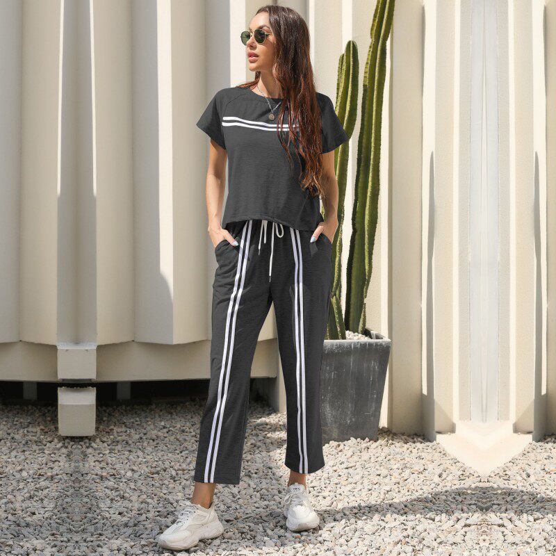 Two Piece Striped Casual Set Short Sleeve Round Neck Trendy Design Perfect for Summer Outings Wholesale Available