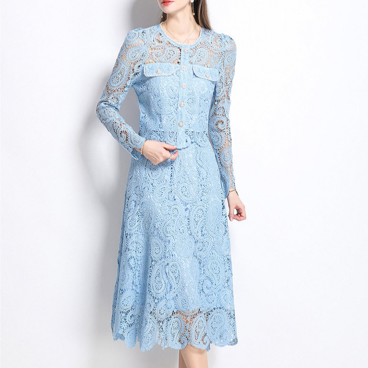 Chic Two Piece Set Elegant Water Soluble Lace Shirt and Skirt Fall Fashion for Women Wholesale Available