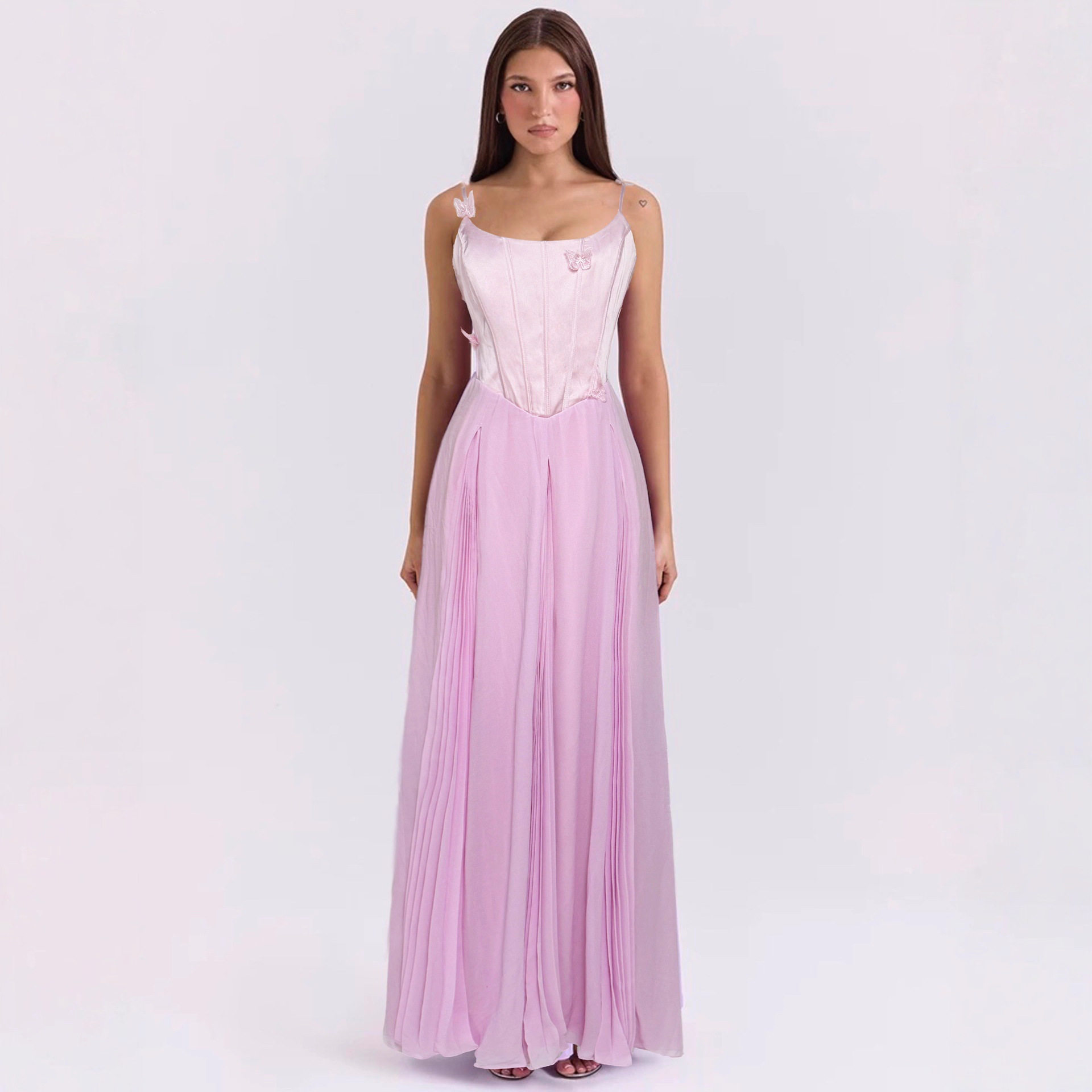 Elegant A Line Dress Solid Color 3D Butterfly Decoration Waist Defining Flared Skirt Perfect for Parties and Events