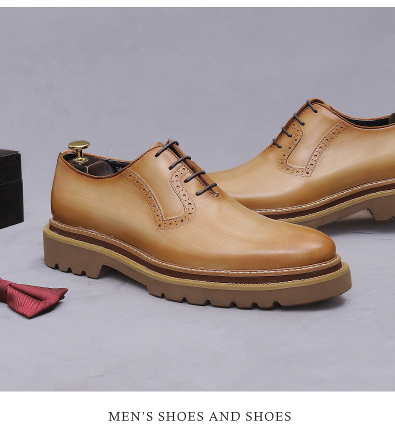 Giày Oxford nam da bò đế dày chạm khắc brogue mũi tròn — màu đen, Màu be