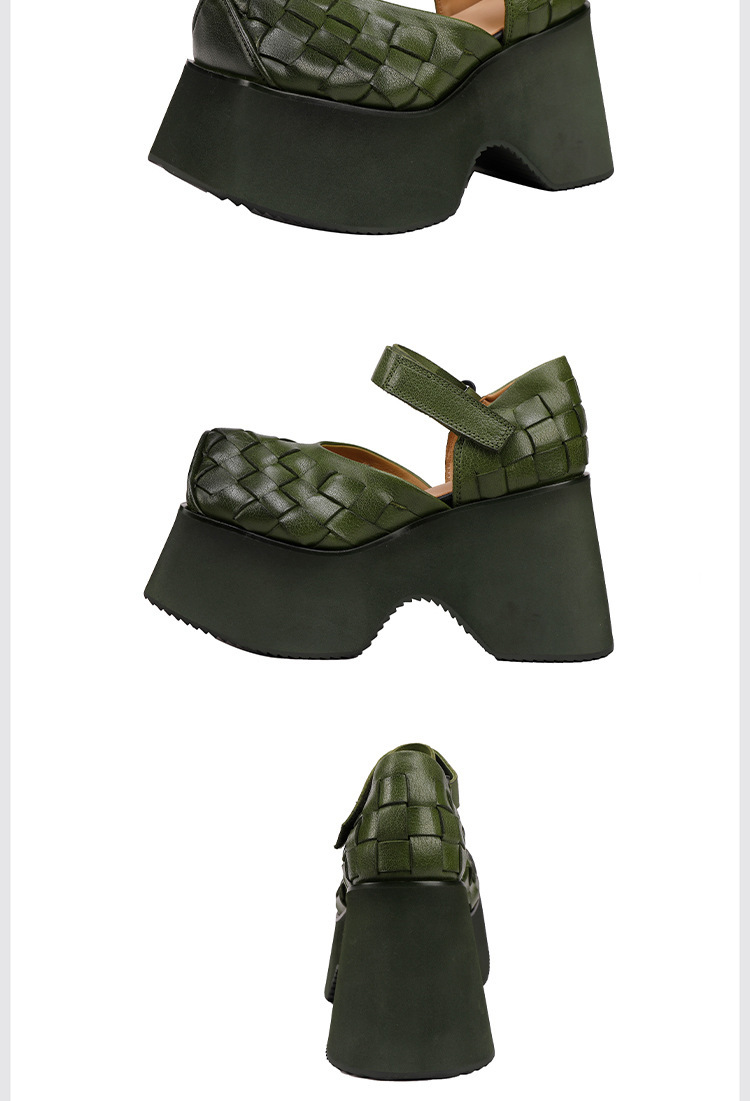 Sandal nữ quai ngang đế dày mũi vuông bằng da bò thật — màu đen, Xanh lá cây