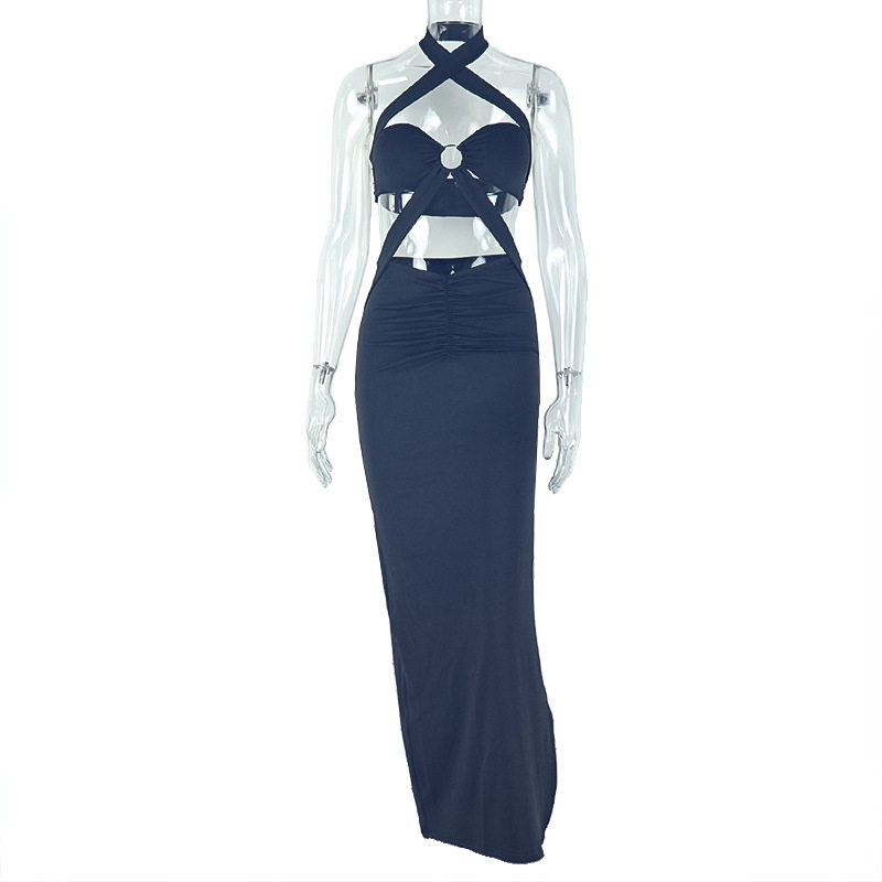 Fashionable Solid Color Bodycon Dress Sexy Ruched Design Halter Neck Backless Perfect for Parties and Night Out