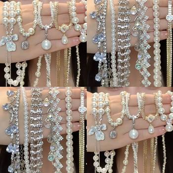 French Geometric Round Zircon Pearl Necklace, Fashionable and Versatile Sweater Chain, Light Luxury and High-End Jewelry