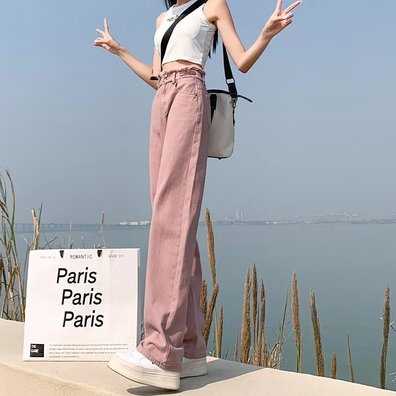 Pink High Waisted Denim Pants Slim Fit Loose Wide Leg Trendy Straight Cut Frayed Hem Casual Everyday Wear