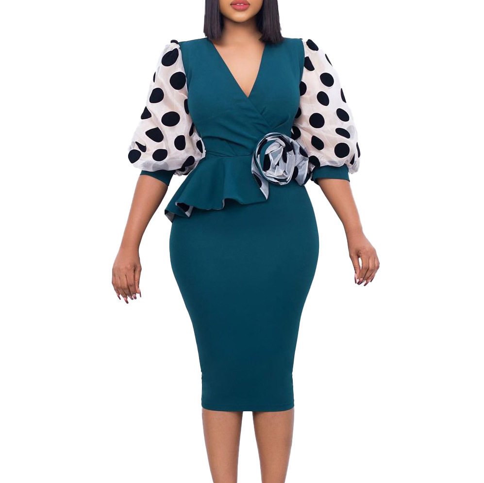 Plus Size Womens Dress Fashionable Polka Dot Mesh Panel V Neck Elegant Style for Parties Wholesale Available