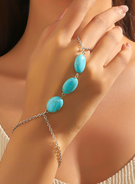 2024跨境热卖新款夏季手链时尚简约绿松石珍珠手指链套装手链戒指