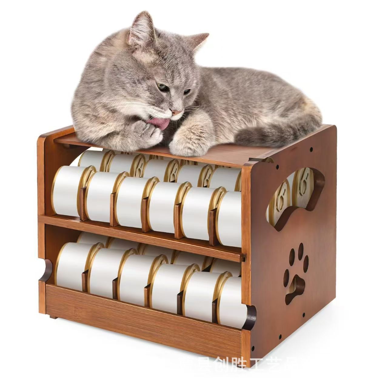 Cross-Border Wooden Double-Layer Storage Rack Desktop Stackable Can Rack Solid Wood Kitchen Storage Animal Cat Snack Rack