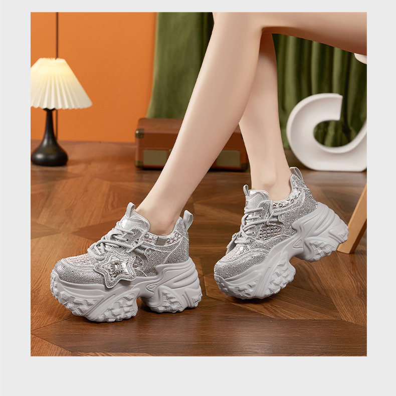 Giày sneaker nữ đế dày tăng chiều cao lưới thoáng khí dây buộc — Trắng, Bạc chi tiết 13