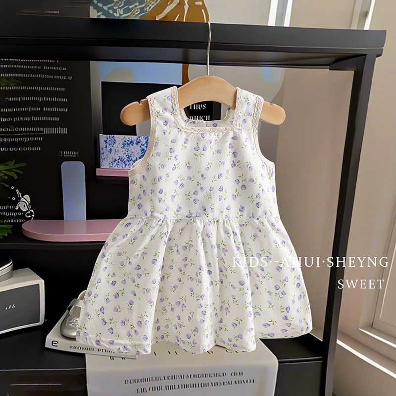 Gaun putri motif bunga penuh anak perempuan baru musim panas, gaya liburan manis, gaun tali