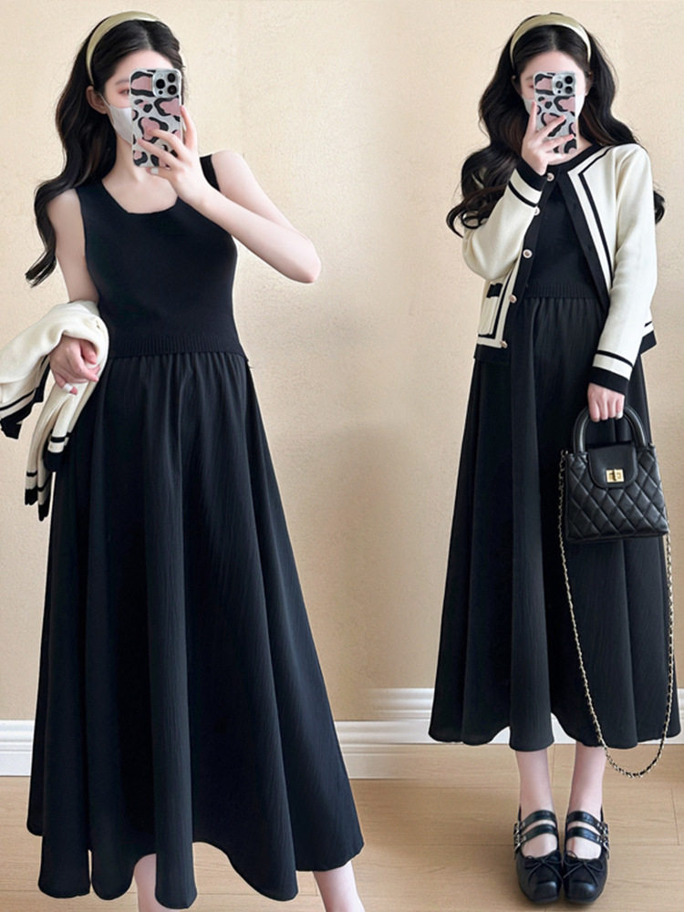 Maternity Wear 2025 Autumn New Korean Style Fashionable Long-Sleeved Color-Blocked Tops and Jackets Slim Vest Dress Two-Piece Set