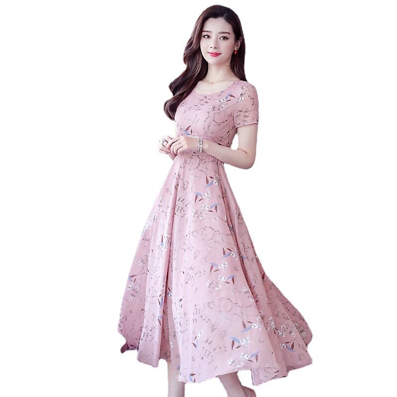 2022夏季新款中年女装冰丝印花连衣裙气质显瘦碎花减龄短袖连衣裙